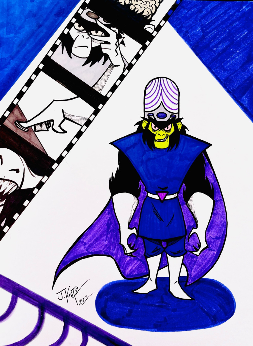 1boy, belt, black_eyes, black_fur, blue_background, blue_pants, blue_tunic, boots, cape, capsule_helmet, chimpanzee, colored_sclera, colored_skin, commentary, english_commentary, facing_viewer, feel-the-fire, film_strip, full_body, gloves, green_skin, helmet, highres, male_focus, marker_(medium), mojo_jojo, multiple_expressions, pants, pink_sclera, powerpuff_girls, purple_cape, signature, sleeveless, standing, traditional_media, tunic, white_background, white_belt, white_boots, white_gloves