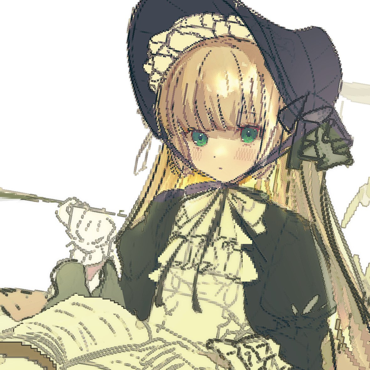 1girl, black_bonnet, black_bow, black_bowtie, black_dress, blonde_hair, blunt_bangs, blush_stickers