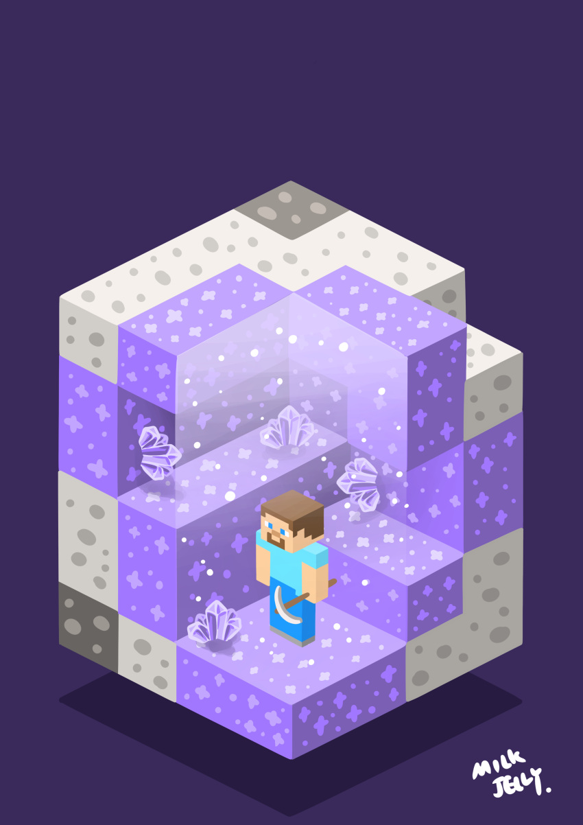 1boy, absurdres, block_(minecraft), commentary, crystal, cube, english_commentary, flat_color