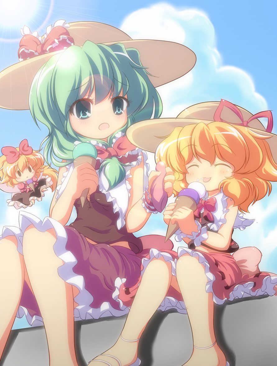 ^_^, alternate_headwear, blonde_hair, blue_sky, bow, closed_eyes, cloud, eating