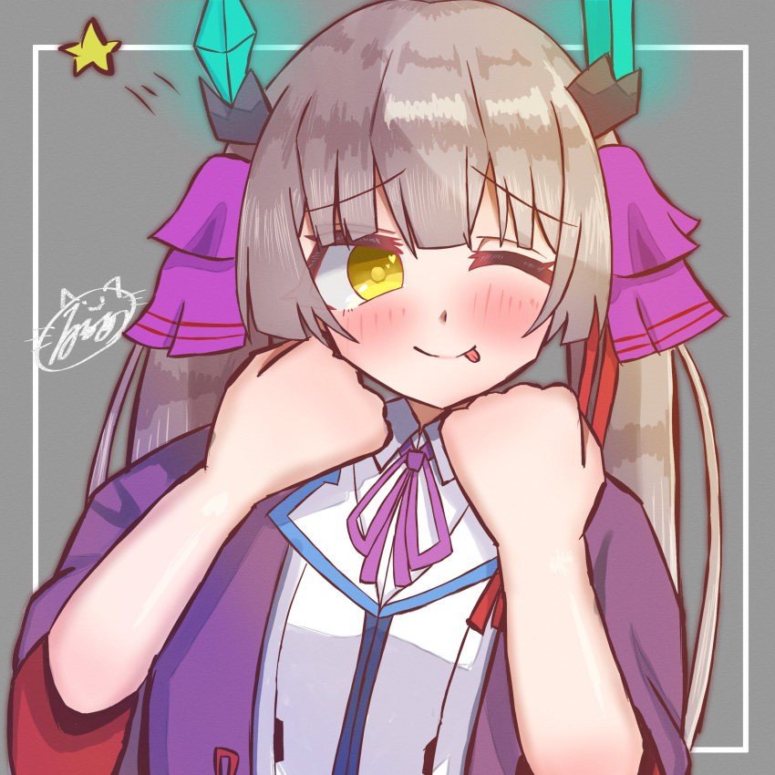 1girl, ;p, absurdres, blunt_bangs, blunt_ends, blush, brown_hair, clenched_hands