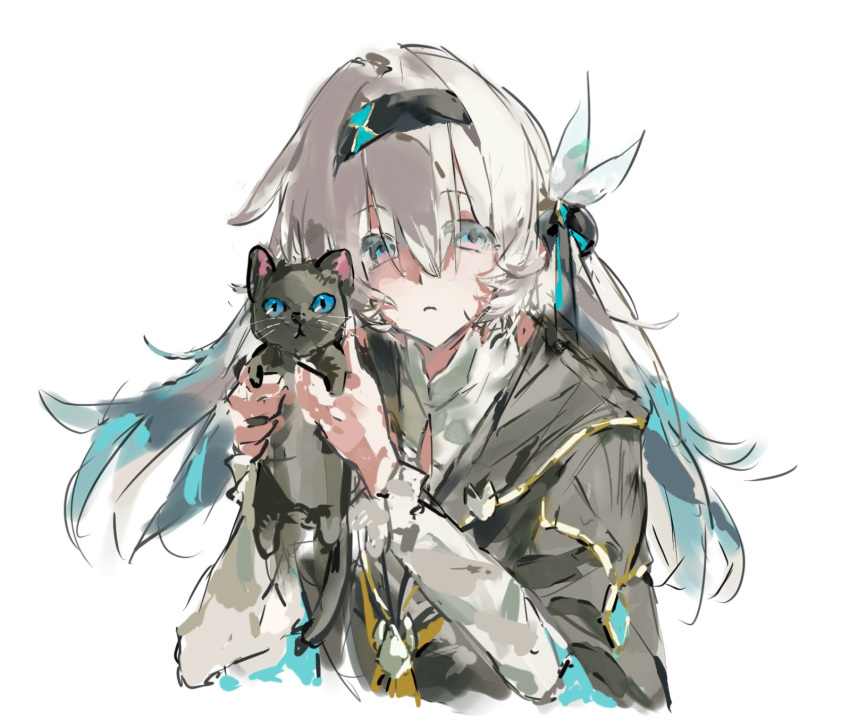 1girl, animal, animalization, cat, chinese_commentary, clothing_cutout, commentary_request, elio_(honkai:_star_rail), firefly_(honkai:_star_rail), frilled_sleeves, frills, gradient_hair, green_eyes, grey_hair, hair_between_eyes, hair_ornament, headband, highres, holding, holding_animal, honkai:_star_rail, honkai_(series), jacket, long_sleeves, looking_at_viewer, multicolored_eyes, multicolored_hair, parted_lips, simple_background, tiankongyunizhijian04731, upper_body, white_background