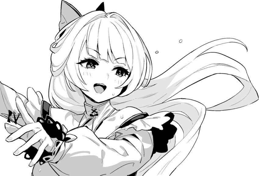 1girl, alberto_di_giussano_(azur_lane), azur_lane, azur_lane:_slow_ahead, bow, commentary_request, dancing, greyscale, hair_bow, hair_intakes, hands_up, hori_(hori_no_su), long_hair, long_sleeves, monochrome, open_mouth, simple_background, solo, upper_body, white_background