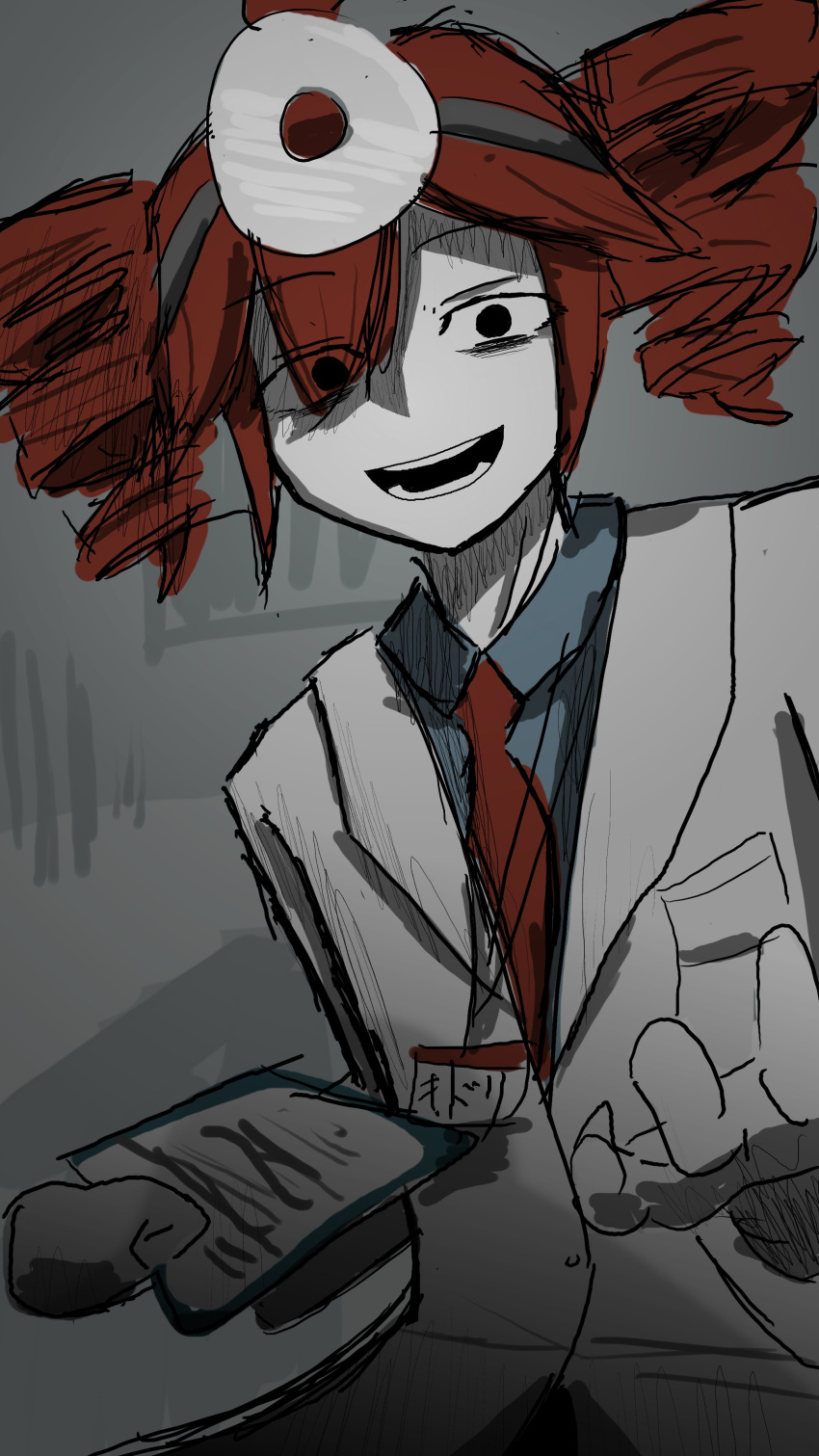 1girl, absurdres, blue_shirt, check_copyright, coat, copyright_request, doctor, drill_hair, evil_smile, eyes_visible_through_hair, grey_background, hair_between_eyes, head_mirror, highres, igaku_(utau), jealousytarou, kasane_teto, lab_coat, looking_at_viewer, name_tag, necktie, reaching, reaching_towards_viewer, red_necktie, shaded_face, shirt, smile, solid_eyes, solo, teeth, twin_drills, utau, white_coat