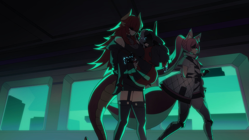 3girls, absurdres, animal_ears, black_gloves, black_jacket, bodysuit, breasts, carrying