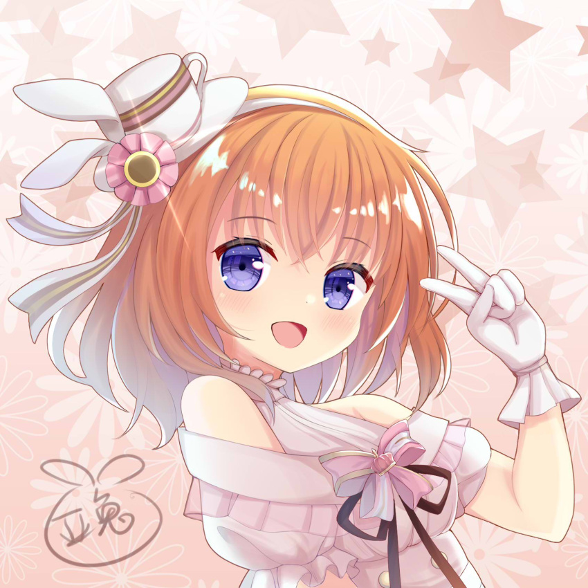 1girl, :d, bare_shoulders, blue_eyes, blush, commentary, crossed_bangs, dress