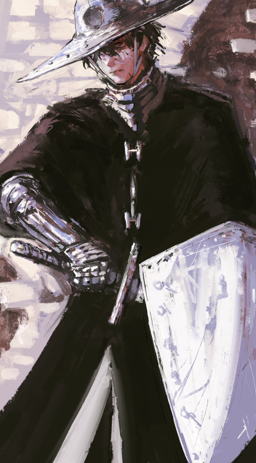 1boy, absurdres, armor, battle_damage, black_eyes, black_hair, black_robe, chinstrap