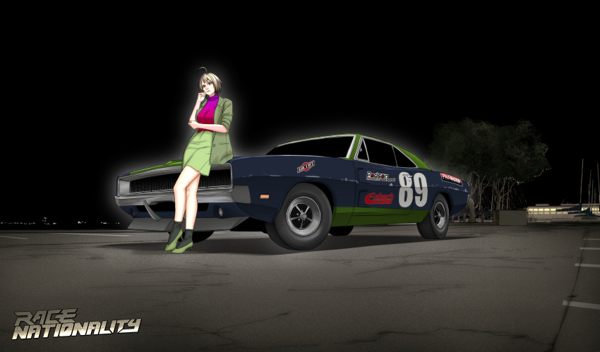 1girl, absurdres, ahoge, amoemo, black_socks, brown_eyes, brown_hair, car