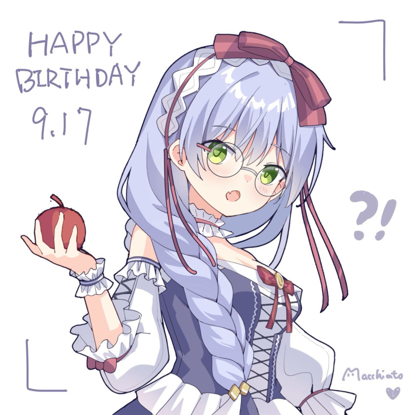 !?, 1girl, :o, apple, black_dress, blush, bow, breasts