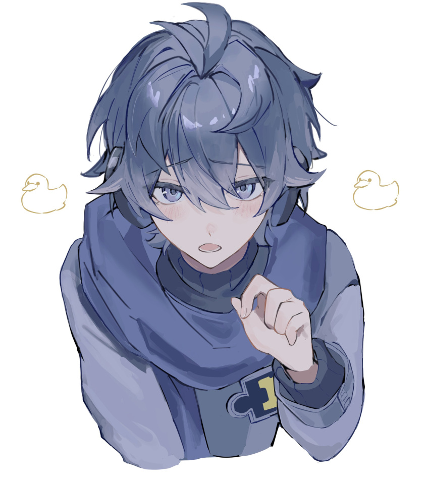 1boy, absurdres, antenna_hair, blue_hair, blue_scarf, commentary, curly_hair, hair_between_eyes, hand_up, highres, honkai:_star_rail, honkai_(series), jacket, kano_kano_777, leaning_forward, light_blush, long_sleeves, looking_at_viewer, multicolored_eyes, open_mouth, rubber_duck, scarf, solo, stephen_lloyd_(honkai:_star_rail), untranslatable_commentary, upper_body, violet_eyes, white_background