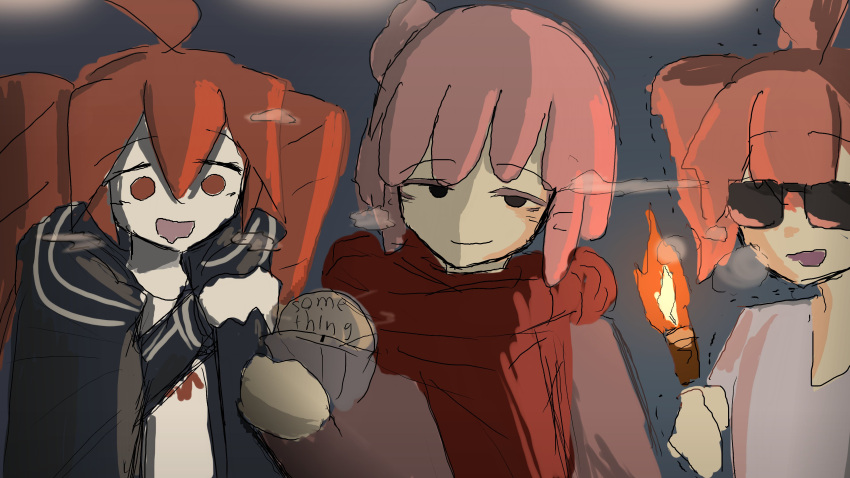 3girls, :d, absurdres, ahoge, black_jacket, chiccha_na_watashi_(synthesizer_v), creator_connection, food, hair_between_eyes, half-closed_eyes, heavy_breathing, highres, holding, holding_food, holding_torch, jacket, jealousytarou, kasane_teto, liar_dancer_(synthesizer_v), long_hair, looking_at_another, looking_at_viewer, multiple_girls, partially_shaded_face, pink_hair, red_eyes, red_hair, red_scarf, scarf, shirt, short_hair, sketch, smile, solid_eyes, sunglasses, synthesizer_v, torch, trembling, ultra_trailer_(synthesizer_v), utau, white_shirt