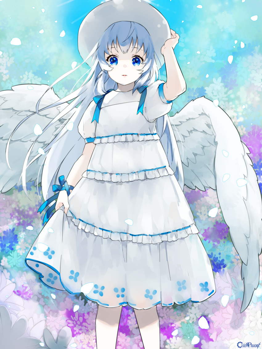 1girl, angel_wings, araragi_ran, blue_eyes, blue_ribbon, chain_paradox, copyright_name, dress