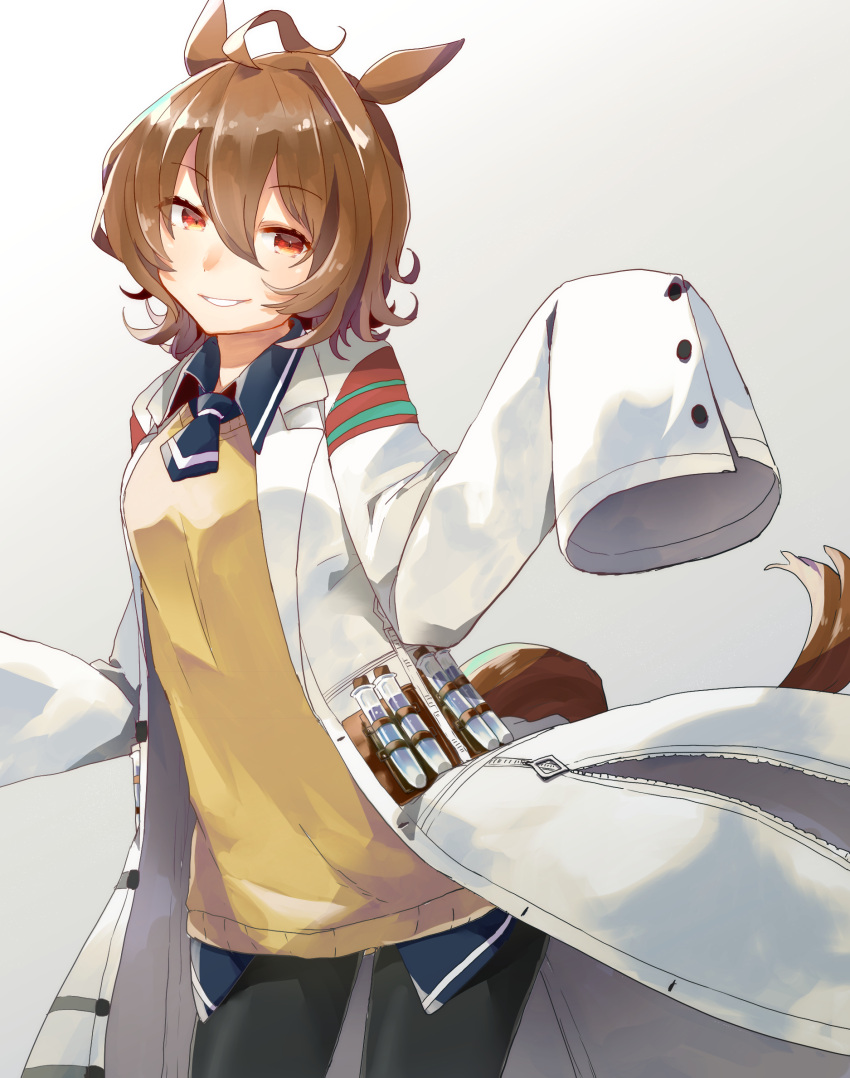 1girl, agnes_tachyon_(tach-nology)_(umamusume), agnes_tachyon_(umamusume), ahoge, animal_ears, black_necktie, black_pantyhose, blush