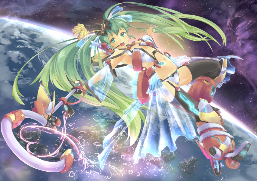 aqua_eyes, aqua_hair, armpits, detached_sleeves, eichisu, flat_chest, garter_straps, gloves