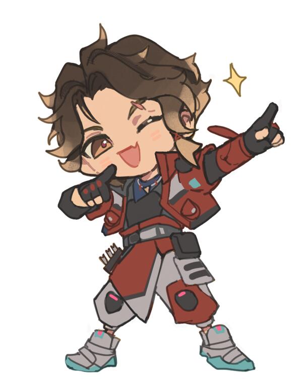 1boy, :d, animification, apex_legends, black_gloves, blonde_hair, brown_eyes, brown_hair, chibi, chinese_commentary, colored_tips, commentary_request, eureka1812, eyebrow_cut, fang, full_body, gloves, grey_pants, grey_shoes, male_focus, multicolored_hair, one_eye_closed, open_mouth, pants, partially_fingerless_gloves, pointing, shoes, short_hair, skin_fang, smile, solo, sparkle, sparrow_(apex_legends), white_background