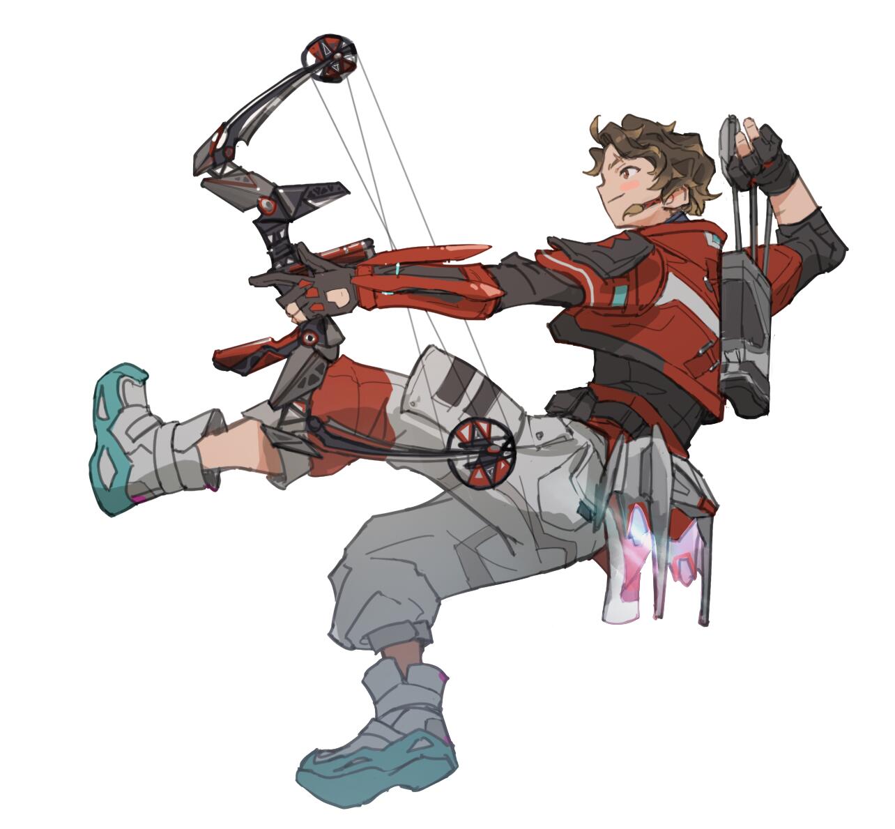 1boy, apex_legends, arrow_(projectile), black_gloves, black_shirt, blush, bocek_compound_bow, bow_(weapon)