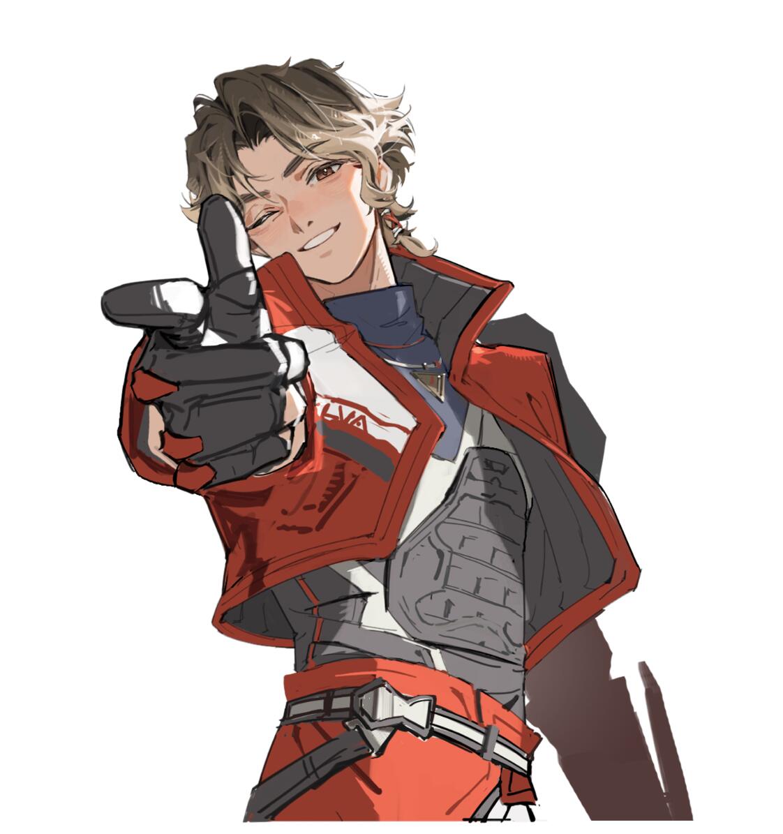 1boy, animification, apex_legends, belt, black_belt, black_gloves, blonde_hair, blue_shirt