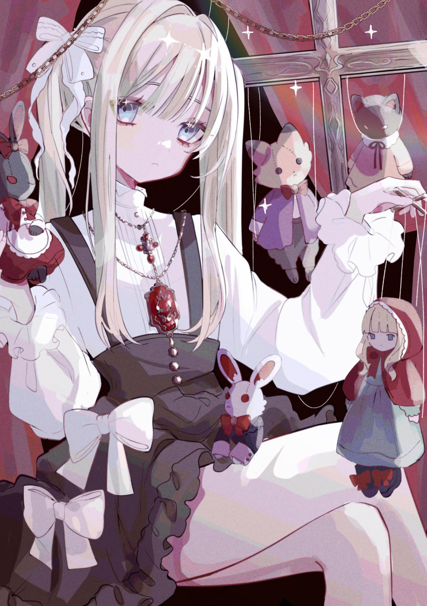 1girl, black_background, black_dress, blue_eyes, bow, closed_mouth, collar, collared_shirt