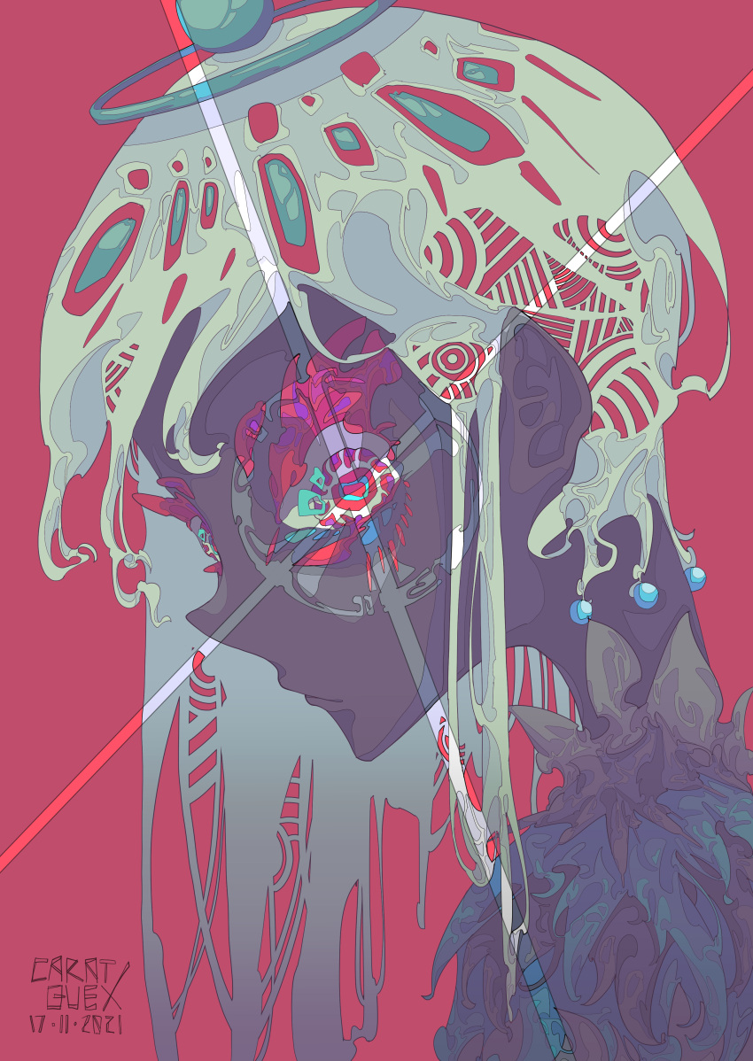 1girl, abstract, absurdres, caratquex, commentary, earrings, english_commentary, glowing
