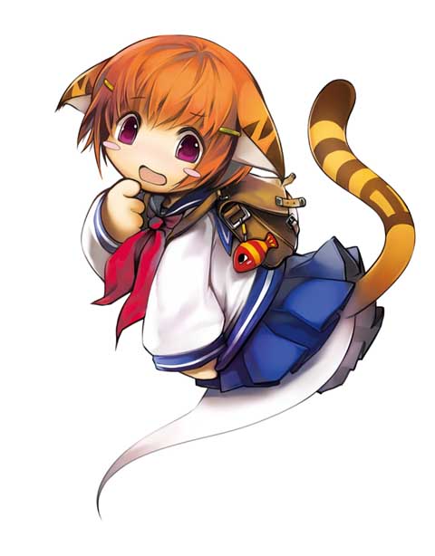 1boy, animal_ears, backpack, bag, blue_collar, blue_skirt, brown_tail, cat_boy