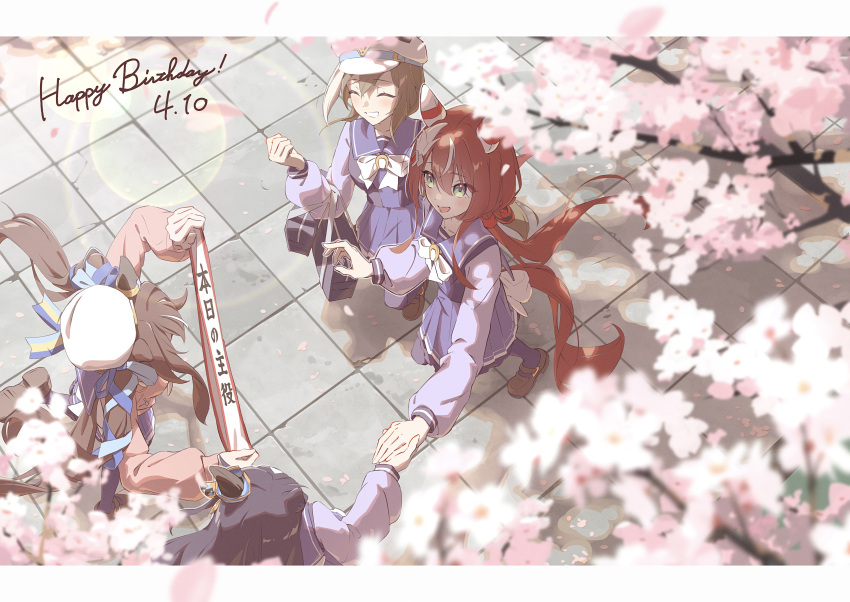 4girls, absurdres, animal_ears, auklet5580, bag, beret, birthday_sash, blush, bow, bowtie, breasts, brown_hair, brown_shoes, cardigan, cherry_blossoms, cheval_grand_(umamusume), closed_eyes, collarbone, commentary_request, ear_covers, ears_through_headwear, feather_hair_ornament, feathers, green_eyes, hair_between_eyes, hair_ornament, hat, hat_belt, highres, holding, holding_bag, holding_hands, horse_ears, horse_girl, horse_tail, long_hair, low_twintails, multicolored_hair, multiple_girls, open_mouth, outdoors, pink_cardigan, pleated_skirt, purple_sailor_collar, purple_serafuku, purple_shirt, purple_skirt, purple_thighhighs, red_hair, sailor_collar, sailor_shirt, school_bag, school_uniform, serafuku, shirt, shoes, siblings, single_ear_cover, sisters, skirt, small_breasts, smile, streaked_hair, tail, thigh-highs, tracen_school_uniform, twintails, umamusume, v_sisters, verxina_(umamusume), vivlos_(umamusume), white_bow, white_bowtie, white_hat, win_variation_(umamusume)