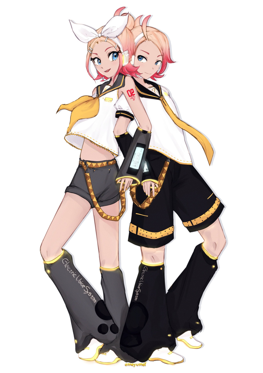 1boy, 1girl, absurdres, ahoge, ameyumei, arm_warmers, artist_name, back-to-back, bass_clef, belt, black_leg_warmers, black_shorts, blonde_hair, blue_eyes, bow, closed_mouth, commentary, cosplay, crop_top, detached_sleeves, english_commentary, from_side, full_body, gradient_hair, grey_leg_warmers, grey_sailor_collar, grey_shorts, hair_bow, hair_bun, hair_ornament, hairclip, headphones, headset, highres, kagamine_len, kagamine_len_(cosplay), kagamine_rin, kagamine_rin_(cosplay), leg_warmers, looking_at_another, midriff, multicolored_hair, nail_polish, neckerchief, necktie, number_tattoo, open_mouth, parody, pokemon, pokemon_legends:_z-a, red_hair, sailor_collar, shirt, shoes, short_hair, short_shorts, short_sleeves, shorts, shoulder_tattoo, simple_background, sleeveless, sleeveless_shirt, smile, standing, tattoo, taunie_(pokemon), treble_clef, two-tone_hair, urbain_(pokemon), vocaloid, vocaloid_boxart_pose, white_background, white_bow, white_shirt, white_shoes, yellow_nails, yellow_neckerchief, yellow_necktie
