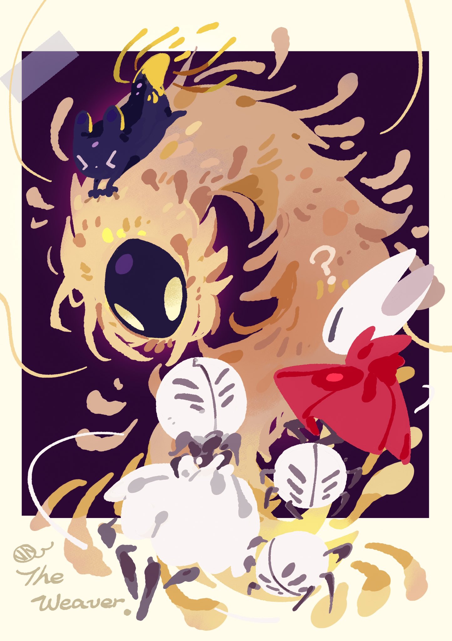 >_<, 1girl, ?, arthropod_girl, black_skin, blank_eyes, border, character_name