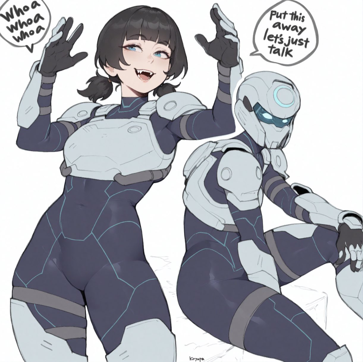 1girl, arm_guards, armor, artist_name, black_bodysuit, black_hair, blue_bodysuit, blue_eyes