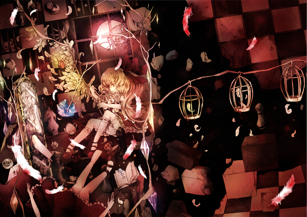 bird, bloomers, book, cage, checkered, checkered_floor, cup, different_reflection