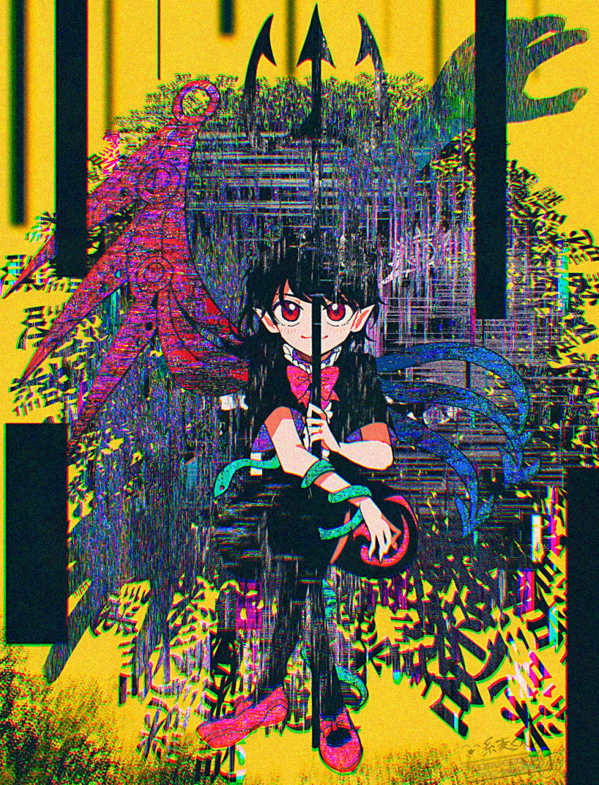 1girl, asymmetrical_wings, black_dress, black_hair, black_pantyhose, blue_wings, bow, bowtie, closed_mouth, commentary_request, dress, full_body, glitch, glitch_art, highres, holding, holding_polearm, holding_weapon, houjuu_nue, itomugi-kun, pantyhose, pink_shoes, pointy_ears, polearm, red_bow, red_bowtie, red_eyes, red_wings, shoes, short_sleeves, sitting, smile, snake, snake_wrapped_around_arm, solo, touhou, trident, weapon, wings, yellow_background