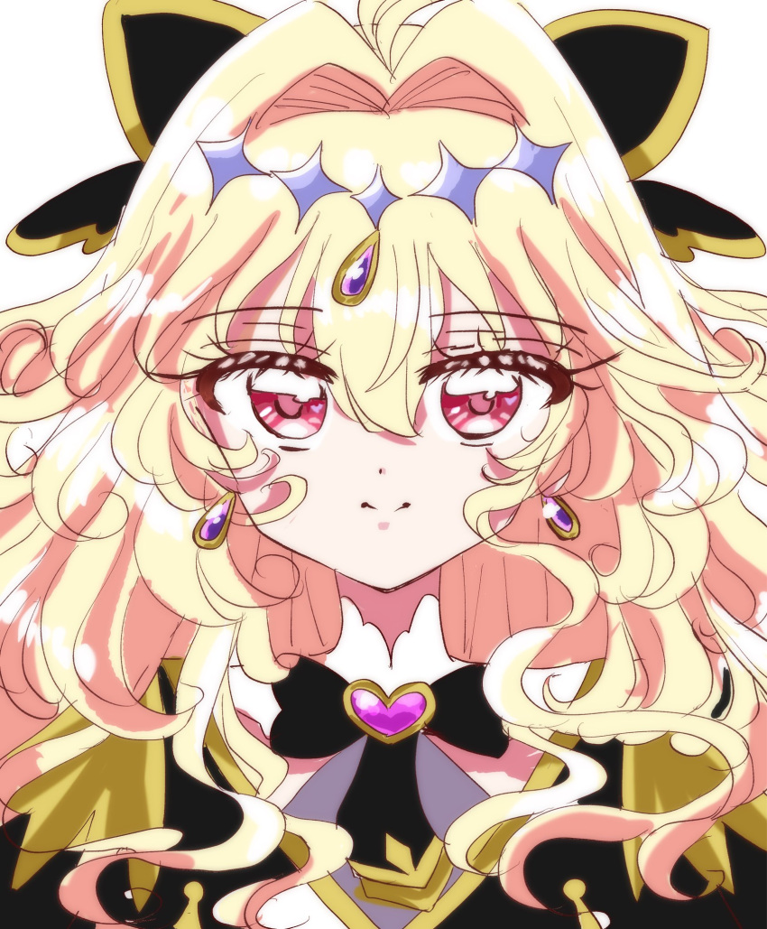 1girl, antenna_hair, biwako_(biwa27), black_capelet, black_dress, blonde_hair, blush, bow, brooch, capelet, closed_mouth, cure_arcana_shadow, dress, frills, hair_bow, hair_intakes, heart, heart_brooch, highres, jewelry, long_hair, looking_at_viewer, magical_girl, meitantei_precure!, portrait, precure, simple_background, smile, solo, violet_eyes, white_background