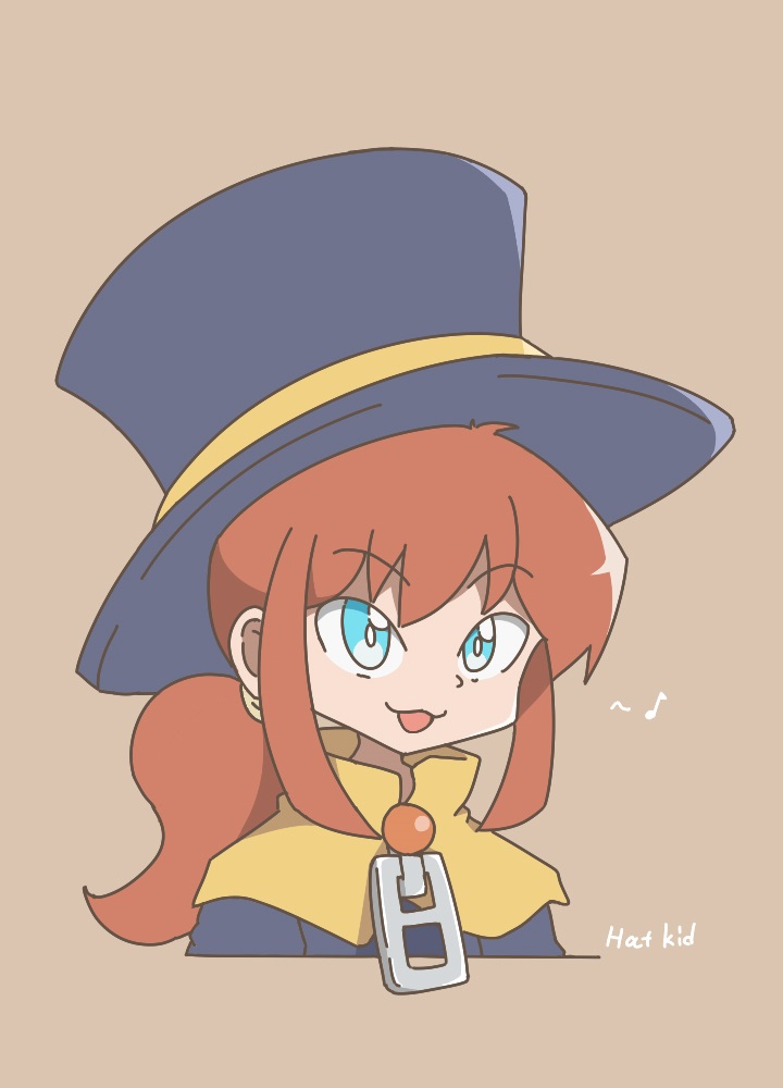 1girl, :3, a_hat_in_time, blue_eyes, brown_background, brown_hair, cape, character_name