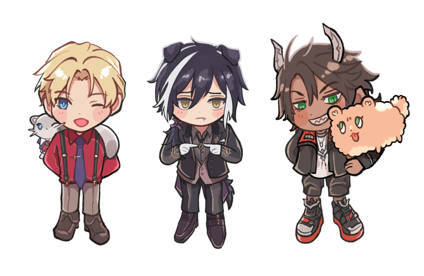 3boys, ;d, animal_ears, animal_on_arm, animal_on_shoulder, aragami_oga, aragami_oga_(5th_costume), arms_behind_back, black_hair, black_jacket, black_pants, blazer, blonde_hair, blue_eyes, blush_stickers, brown_hair, brown_pants, brown_shoes, brown_vest, butler, chibi, chibi_only, collared_jacket, collared_shirt, commentary_request, demon_horns, dog, ears_down, fang, ferret, full_body, gori3po, green_eyes, grey_shirt, grin, highres, hiyamaru, holostars, horns, index_fingers_together, jackal_boy, jackal_ears, jackal_tail, jacket, jewelry, kageyama_shien, kageyama_shien_(5th_costume), kishido_temma, kishido_temma_(fall/winter), long_hair, low_ponytail, male_focus, multicolored_hair, multiple_boys, necklace, necktie, official_alternate_costume, one_eye_closed, pants, pomekorokke, ponytail, purple_necktie, red_shirt, sharp_teeth, shirt, shoes, short_hair, smile, streaked_hair, suspenders, tail, teeth, tie_clip, vest, virtual_youtuber, waistcoat, white_background, white_hair, white_shirt, white_streaks, yellow_eyes