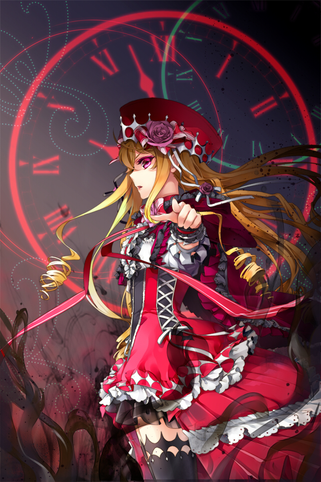 blonde_hair, cape, cinia_pacifica, clock, cocoon_(loveririn), dress, flower, frills, hat, lolita_fashion, long_hair, pink_eyes, pink_rose, pointing, pointing_at_viewer, profile, purple_eyes, purple_rose, red_dress, rose, shinia_(game), sinia, solo, sword_girls, thigh-highs, thighhighs, wrist_cuffs, wrist_ribbon, zettai_ryouiki