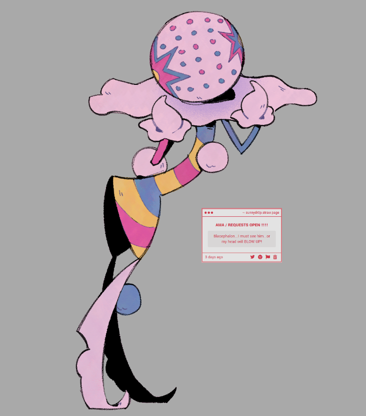 blacephalon, collar, frilled_collar, frills, full_body, grey_background, looking_at_viewer, no_humans, pokemon, pokemon_(creature), pokemon_focus, polka_dot, simple_background, solo, standing, sunnydr0pdraws