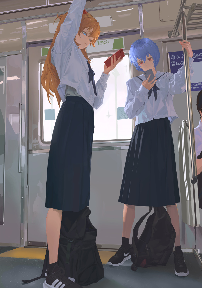 1boy, 2girls, absurdres, ayanami_rei, black_neckerchief, black_shoes, black_skirt, blue_eyes