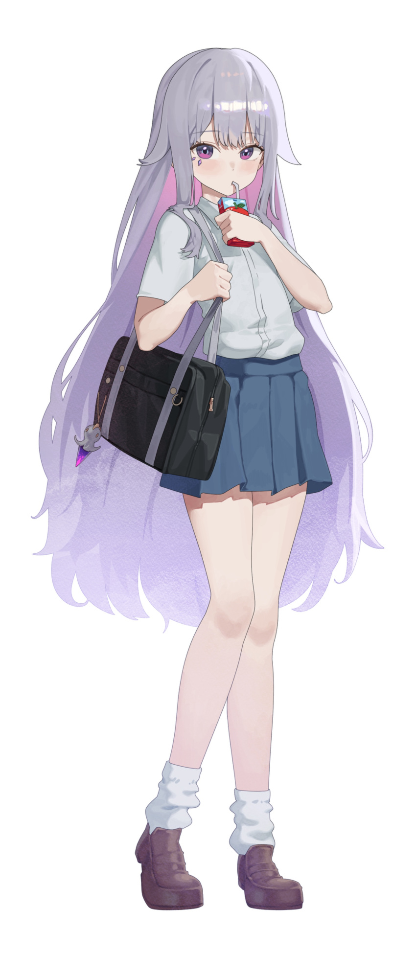 1girl, absurdres, alternate_costume, bag, blue_skirt, collared_shirt, colored_inner_hair, commentary