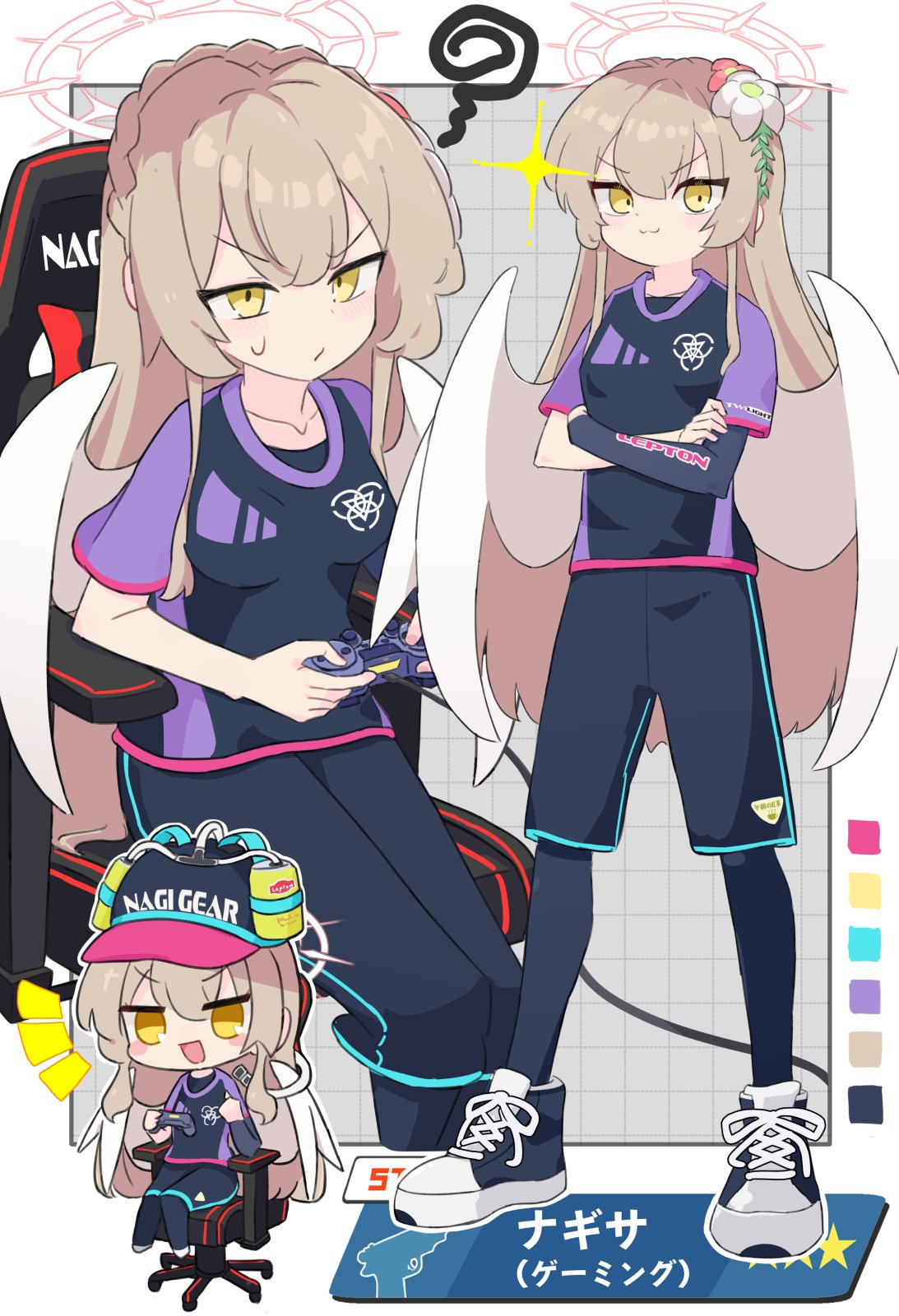 1girl, alternate_costume, angel_wings, asymmetrical_sleeves, baseball_cap, beer_hat, blue_archive, can