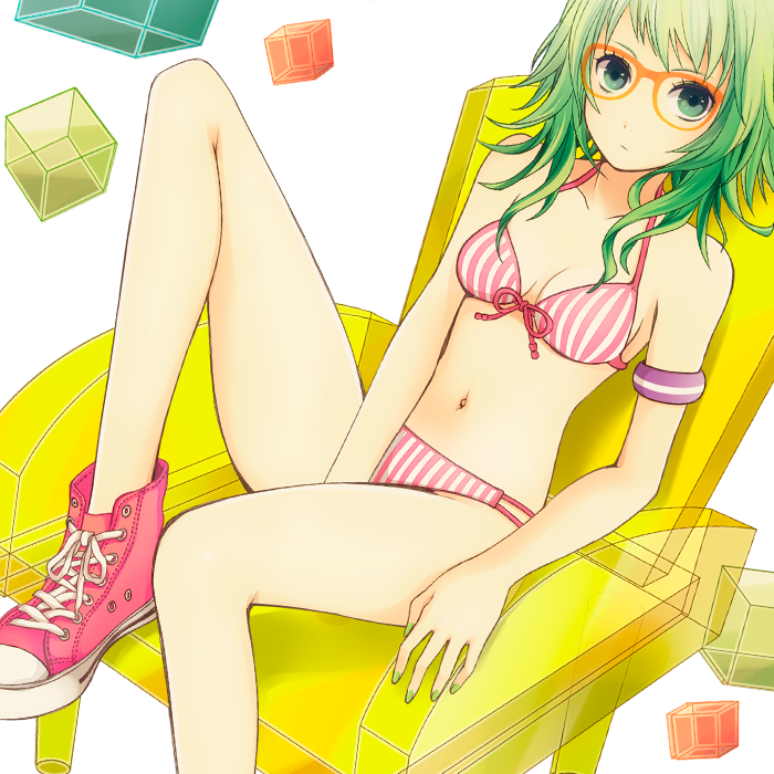 all_star, bad_id, bespectacled, bikini, chair, front-tie_top, glasses, green_eyes, green_hair, gumi, halterneck, legs, nail_polish, navel, shoes, short_hair, sitting, sneakers, solo, striped, striped_bikini, striped_swimsuit, swimsuit, vertical-striped_bikini, vertical_stripes, vocaloid, wogura