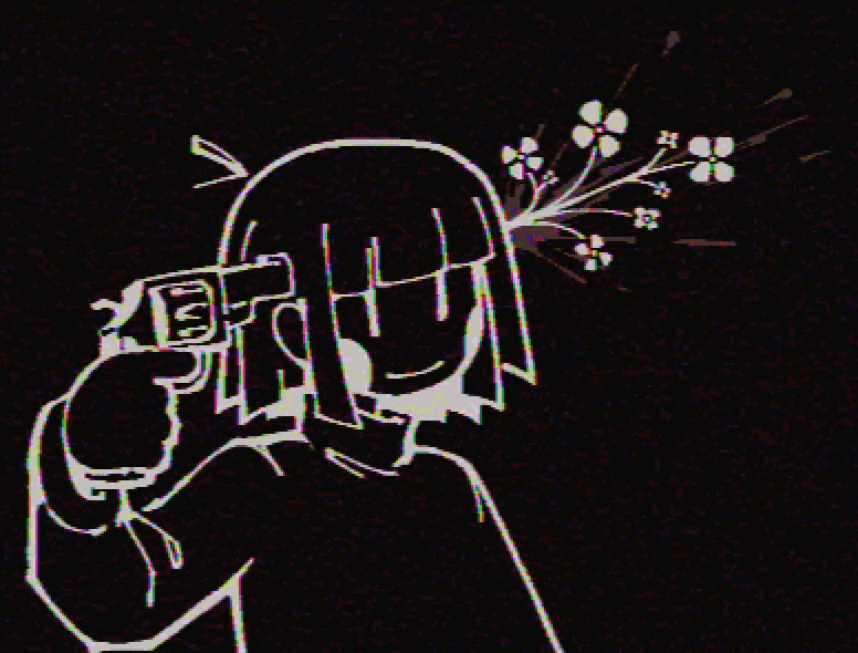 1other, alternate_body_fluid, black_theme, blood, blood_spray, blush_stickers, bob_cut, chara_(undertale), commentary, english_commentary, flower, gun, gun_to_head, holding, holding_gun, holding_weapon, kture, other_focus, short_hair, smile, solo, suicide, undertale, utdr_(toby_fox), weapon