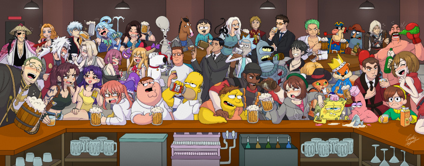 6+boys, a_song_of_ice_and_fire, absolutely_everyone, absurdres, alcohol, alien, american_dad!, aqua_(konosuba), archer_(series), assassin's_creed_(series), bar_(place), barney_gumble, bean_(disenchantment), beer, bender_bending_rodriguez, billy_bones, black_lagoon, bleach, bocchi_the_rock!, bojack_horseman, bojack_horseman_(series), brian_griffin, brown_hair, cana_alberona, captain_k'nuckles, ceiling_light, chris-thekid, clay_puppington, colored_skin, conker, conker's_bad_fur_day, cup, demoman_(tf2), disenchantment, dog, drunk, everyone, fairy_tail, family_guy, furry, futurama, game_of_thrones, gintama, glasses, gloria_(pokemon), gravity_falls, hank_hill, heiter, highres, hiroi_kikuri, holding, holding_cup, homer_simpson, horse_boy, ibuki_suika, iron_man, jiraiya_(naruto), juice, katsuragi_misato, king_of_the_hill, kobayashi-san_chi_no_maidragon, kobayashi_(maidragon), kono_subarashii_sekai_ni_shukufuku_wo!, kyouraku_shunsui, luci_(disenchantment), mabel_pines, marvel, matsumoto_rangiku, meiko_(vocaloid), milkshake, moral_orel, multiple_boys, naruto_(series), neon_genesis_evangelion, non-web_source, one_piece, orange_juice, patrick_star, peter_griffin, pokemon, pokemon_sword_and_shield, punch-out!!, puss_in_boots_(shrek), qrow_branwen, randy_marsh, revy_(black_lagoon), rick_and_morty, rick_sanchez, robot, roger_smith, roronoa_zoro, rwby, sakata_gintoki, shrek_(series), soda_popinski, sousou_no_frieren, south_park, spongebob_squarepants, spongebob_squarepants_(series), squirrel, sterling_archer, team_fortress_2, the_marvelous_misadventures_of_flapjack, the_simpsons, tony_stark, touhou, trait_connection, treasure_island, tsunade_(naruto), tyrion_lannister, vocaloid, yellow_skin