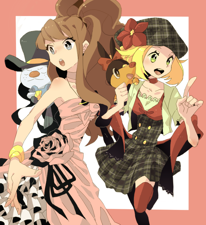 2girls, alternate_costume, bare_shoulders, bel_(pokemon), bell_(pokemon), blonde_hair, blue_eyes, brown_hair, clothed_pokemon, dogy, dress, flower, green_eyes, hat, hat_flower, multiple_girls, no_hat, no_headwear, oshawott, pink_dress, pink_rose, pokemon, pokemon_(creature), pokemon_(game), pokemon_black_and_white, pokemon_bw, red_legwear, ribbon, rose, simple_background, tepig, thighhighs, top_hat, touko_(pokemon)