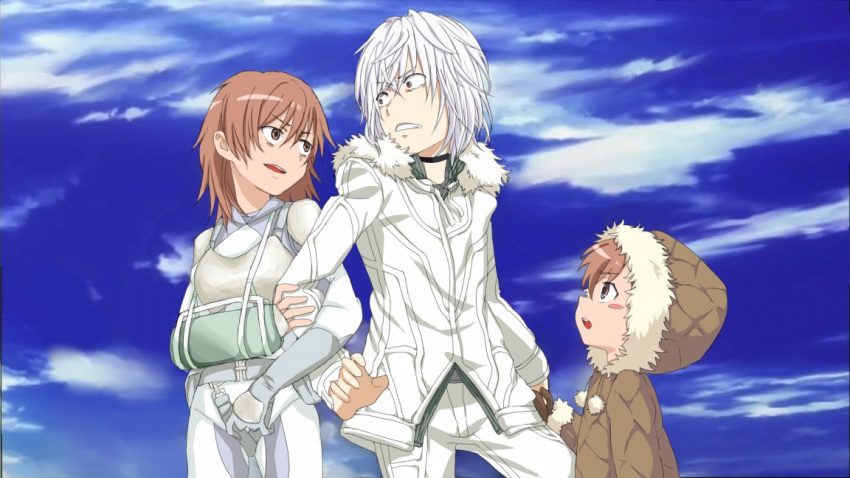 accelerator, accelerator_family, blush_stickers, brown_eyes, brown_hair, cast, choker, coat, crutch, formal, karaage_dorobou, last_order, misaka_worst, multiple_girls, parody, ponytail, red_eyes, suit, to_aru_majutsu_no_index, white_hair