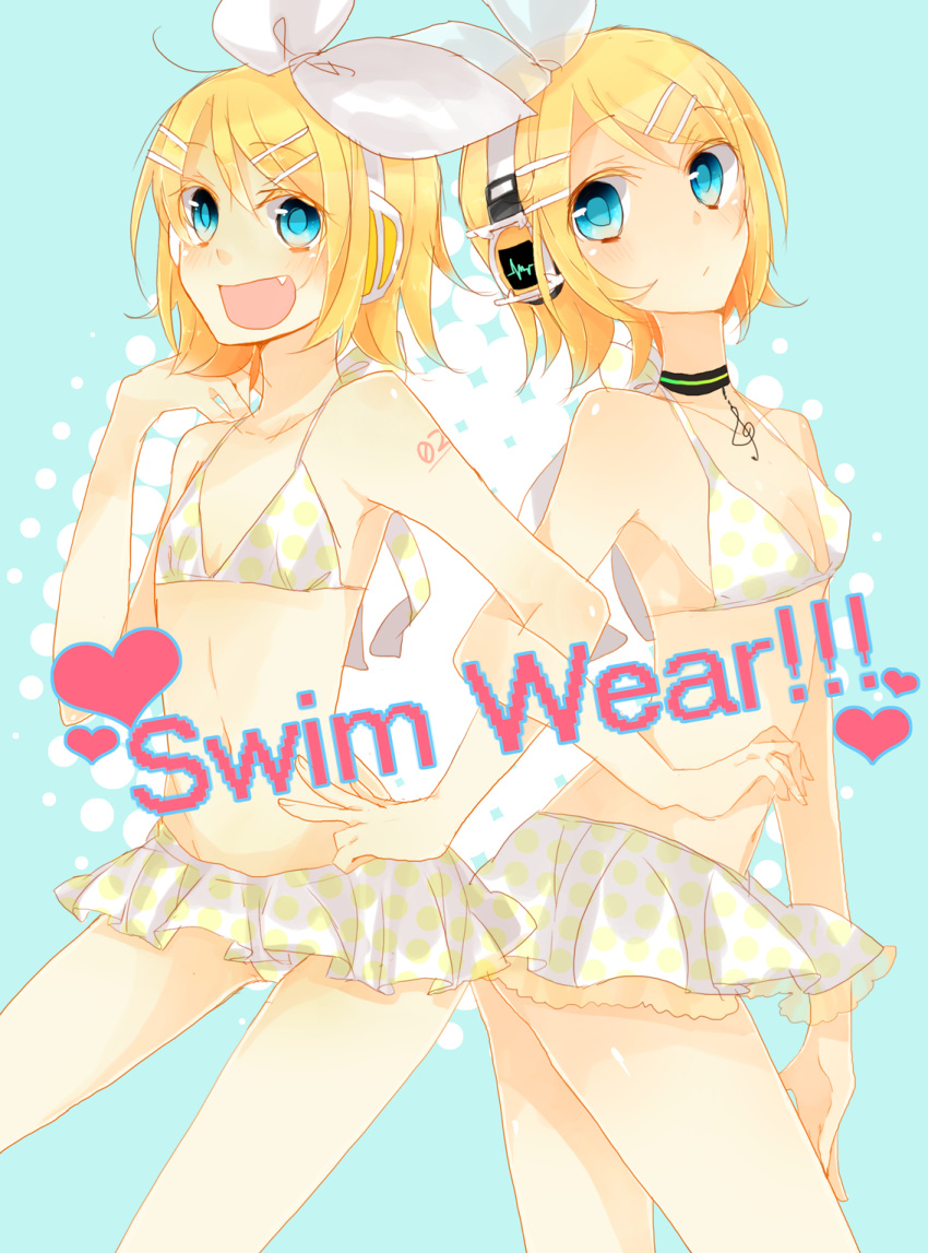 2girls, bad_id, bikini, bikini_skirt, blonde_hair, blue_eyes, blush, bow
