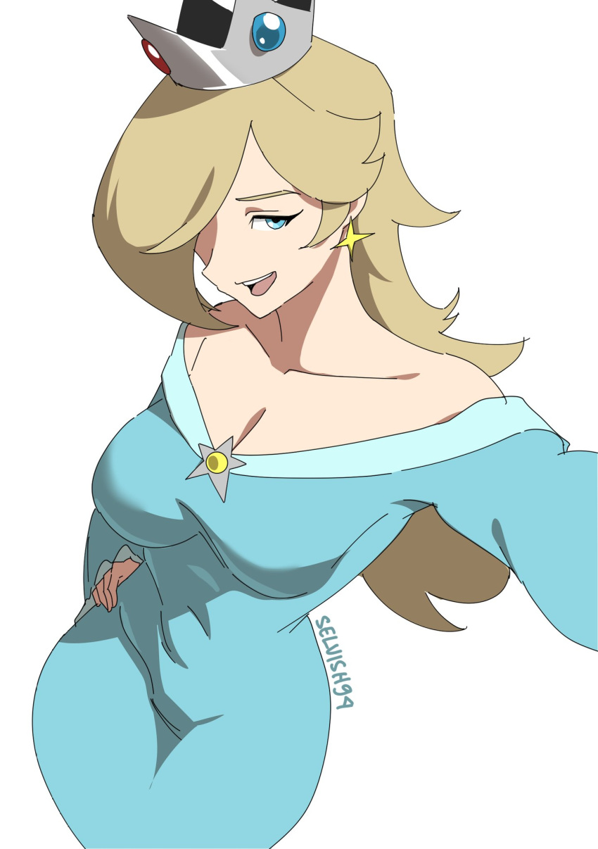 1girl, aqua_dress, blonde_hair, blue_eyes, breasts, brooch, commentary, crown