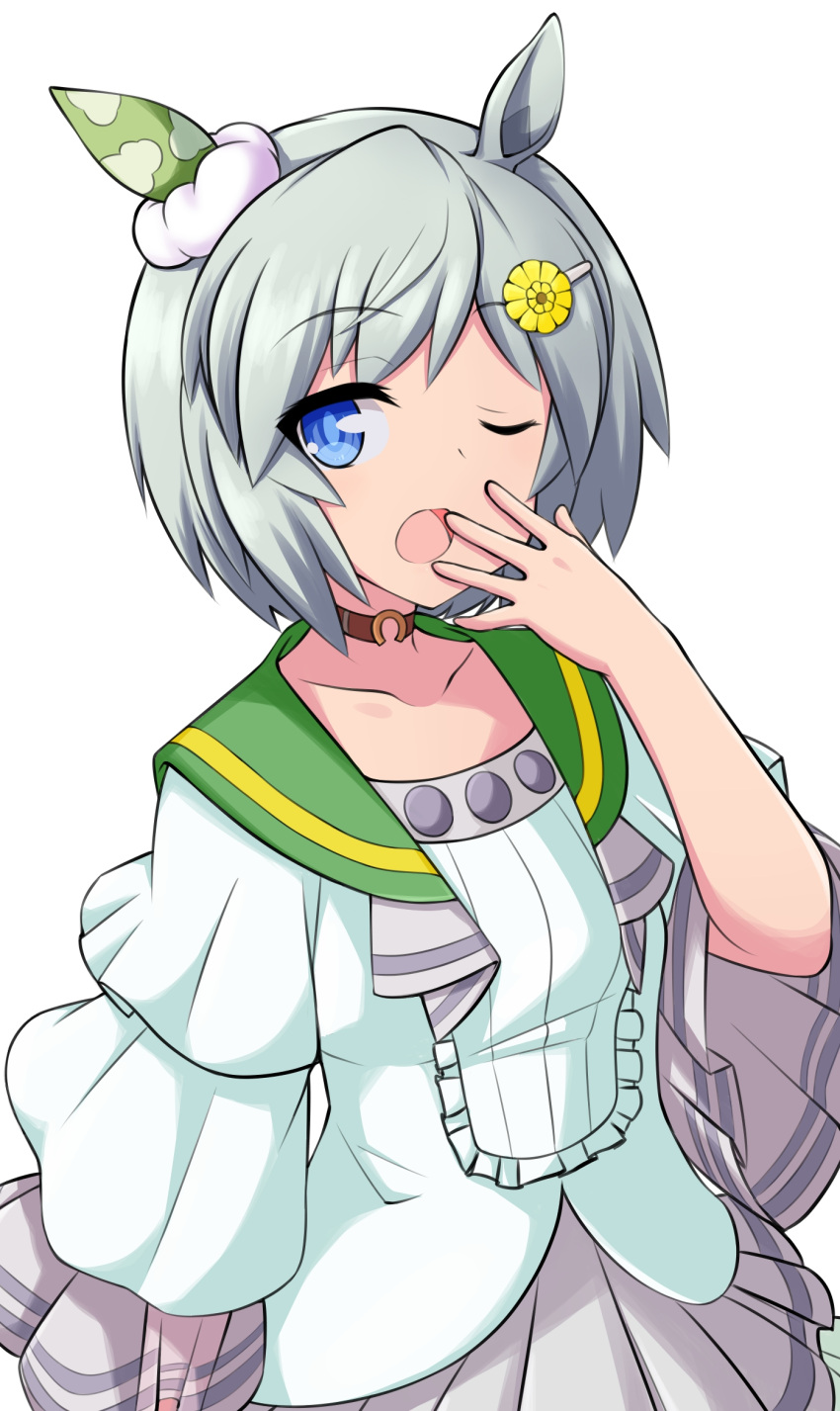 1girl, animal_ears, blue_eyes, blush, breasts, brown_choker, choker, collarbone