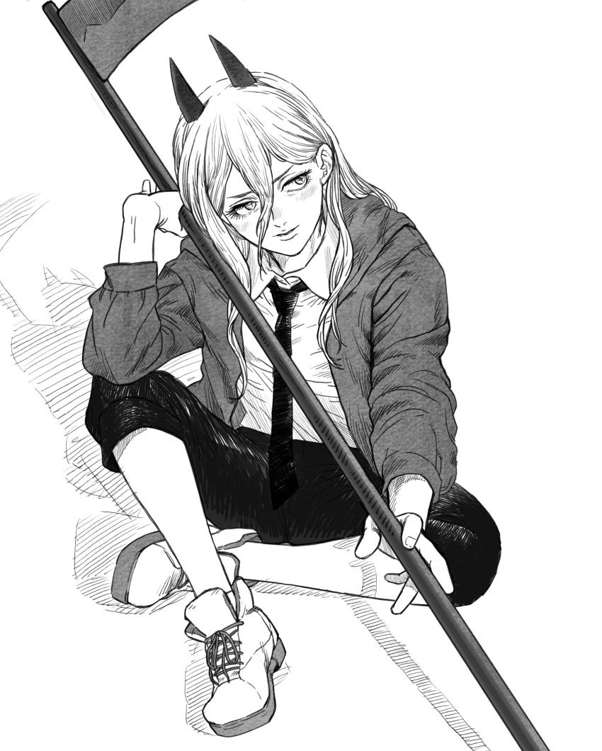 1girl, chainsaw_man, commentary, cross-shaped_pupils, crosshatching, demon_girl, demon_horns, greyscale