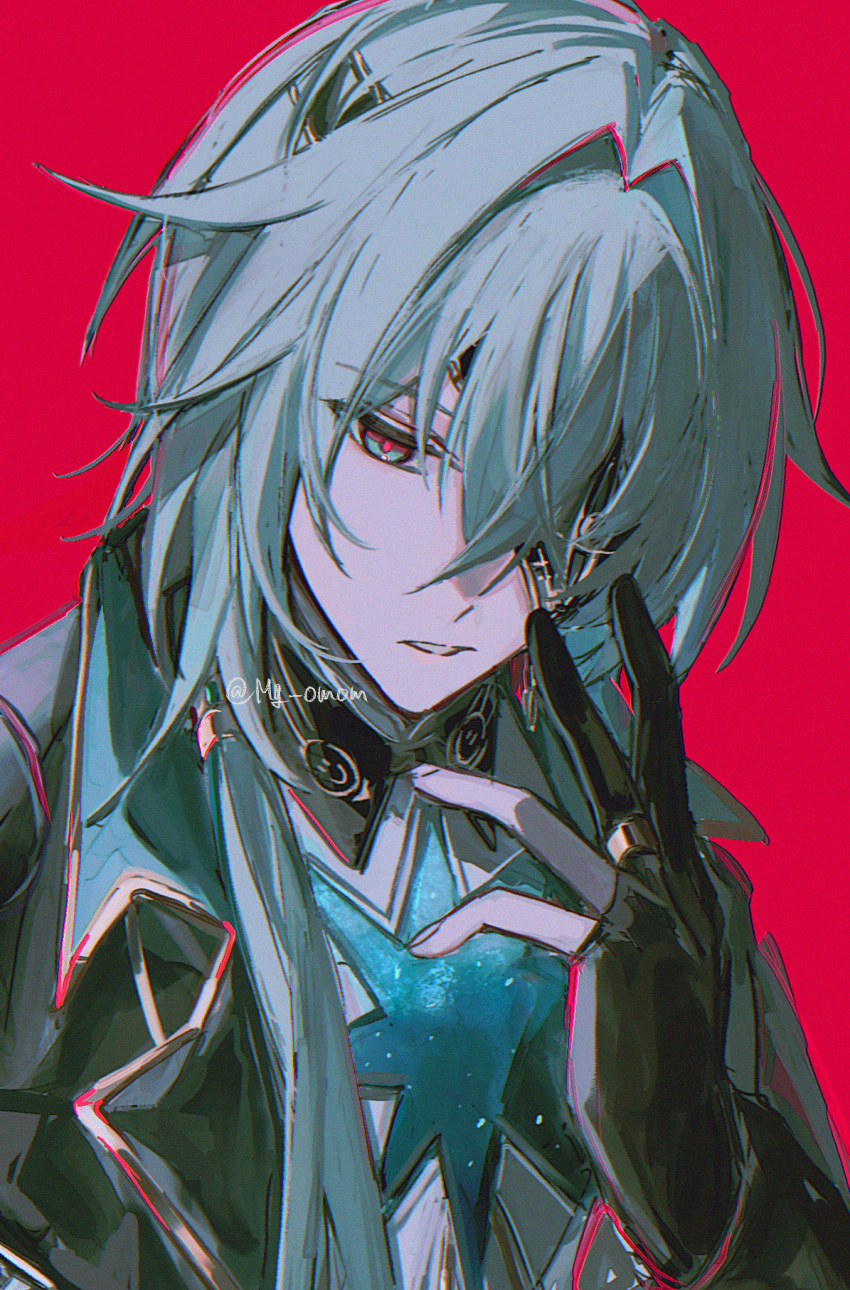 1boy, anaxa_(honkai:_star_rail), aqua_hair, black_gloves, black_jacket, chain, commentary_request, eyepatch