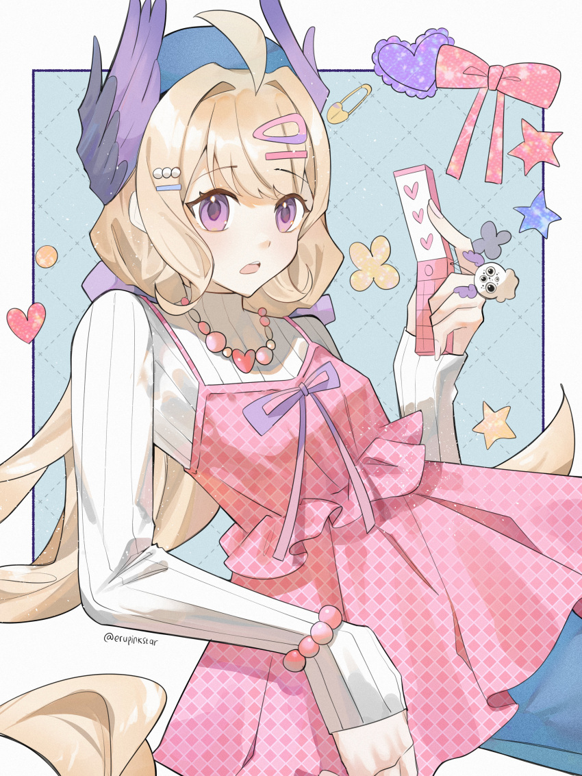 1girl, absurdres, ahoge, aloupeep_(enna_alouette), artist_name, blonde_hair, border, breasts