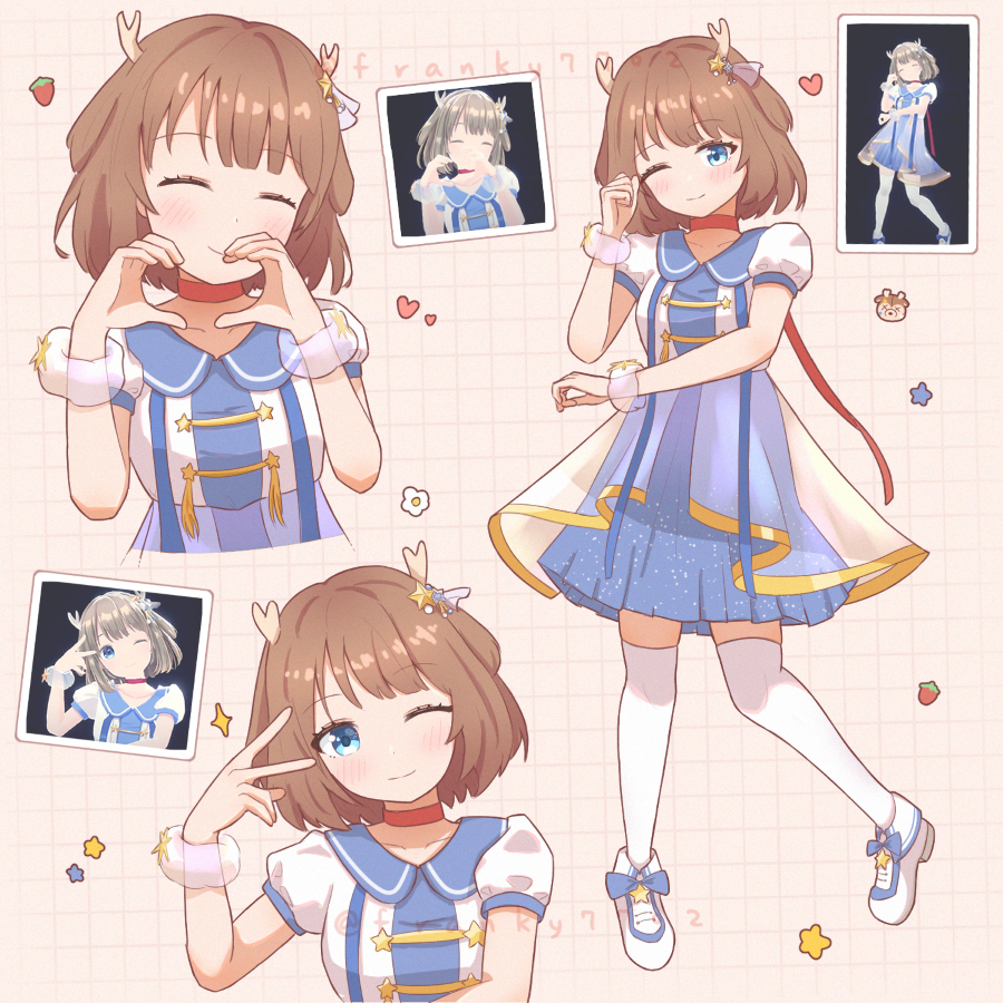 1girl, antlers, blue_bow, blue_dress, blue_eyes, blunt_bangs, blush, bow